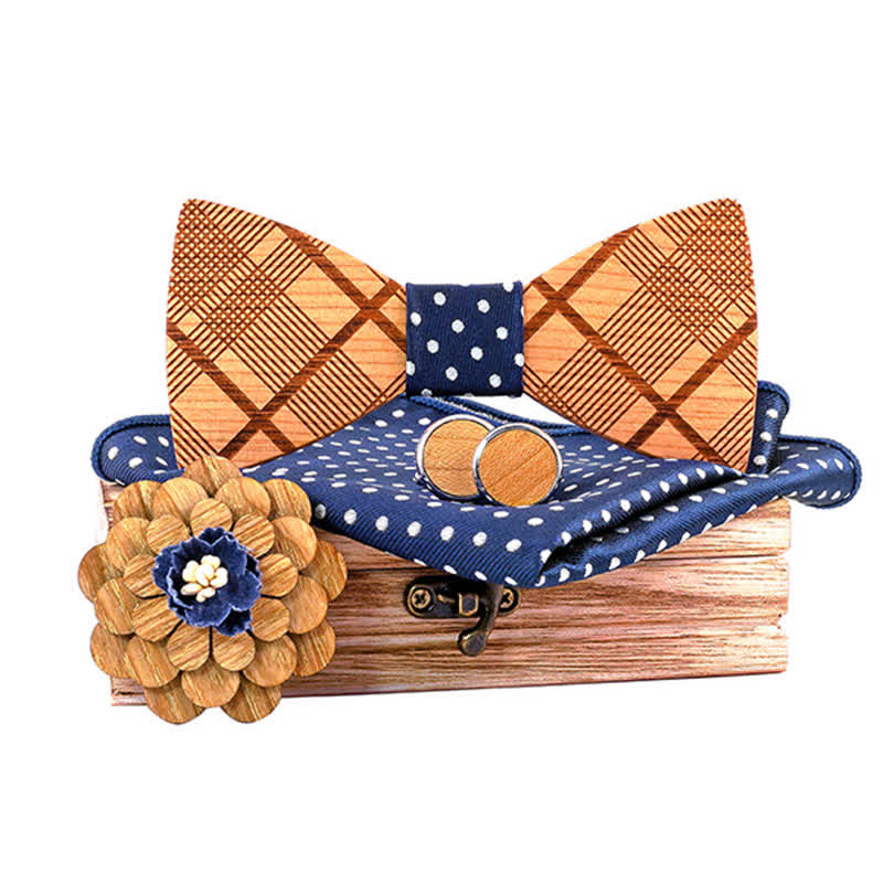 4Pcs Men's Carved Plaids Wooden Bow Tie Set