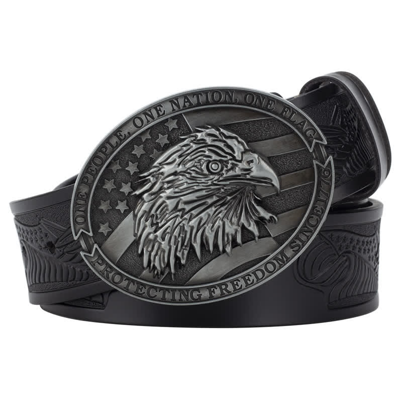 Men's Bald Eagle Head American Flag Buckle Leather Belt