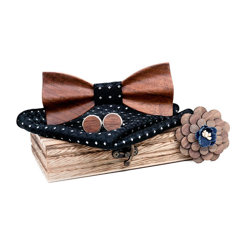 4Pcs Men's Black Walnut Wooden Bow Tie Set