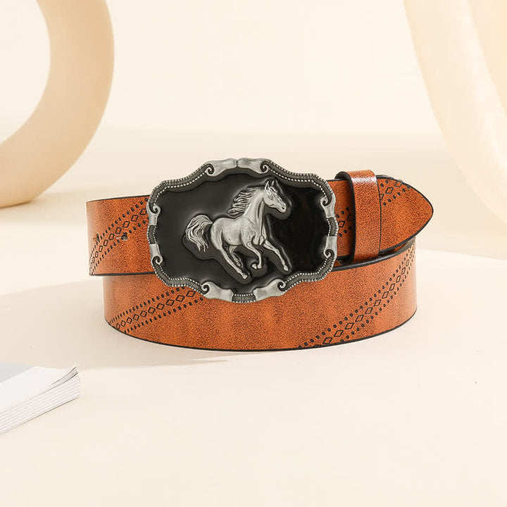 Men's Classical Silver Running Horse Buckle Leather Belt