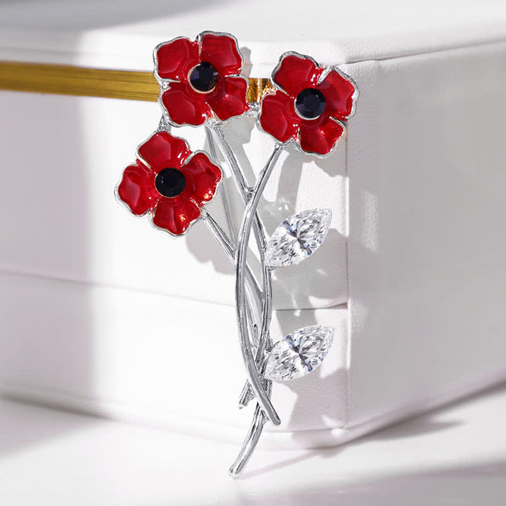 Unisex Red Poppy Bouquet Posy Stem Brooch