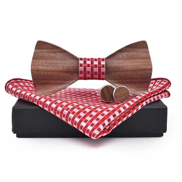 3Pcs Men's Black Walnut Wooden Bow Tie Set