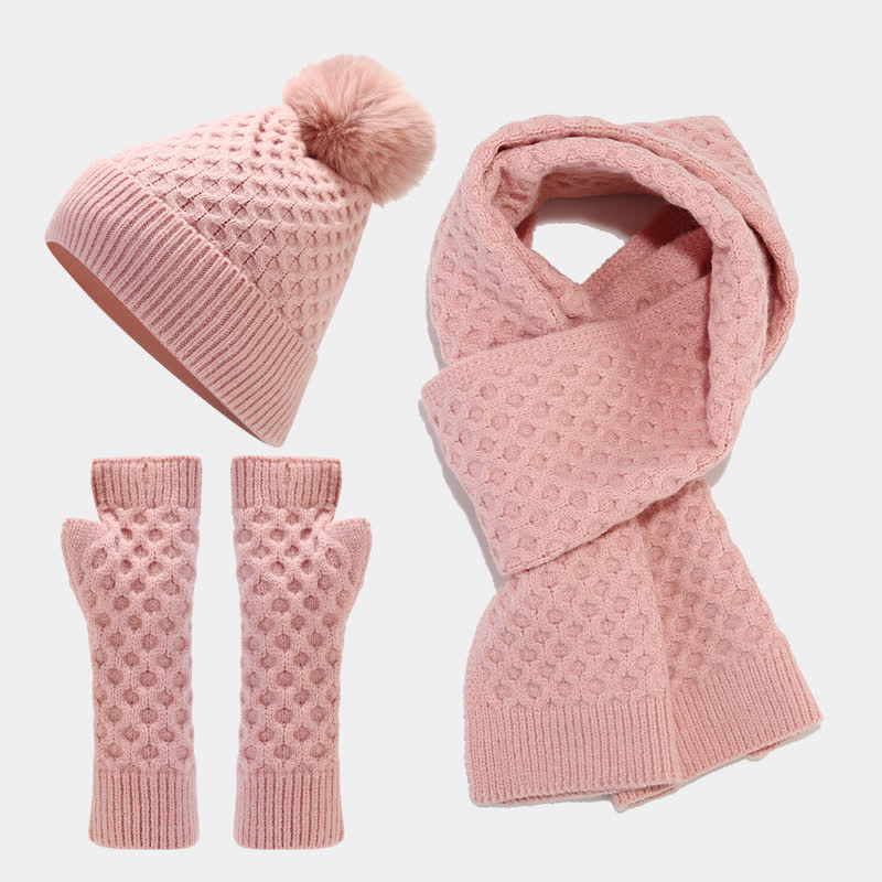 3Pcs Women's Criss Cross Knit Hat Scarf Gloves Set