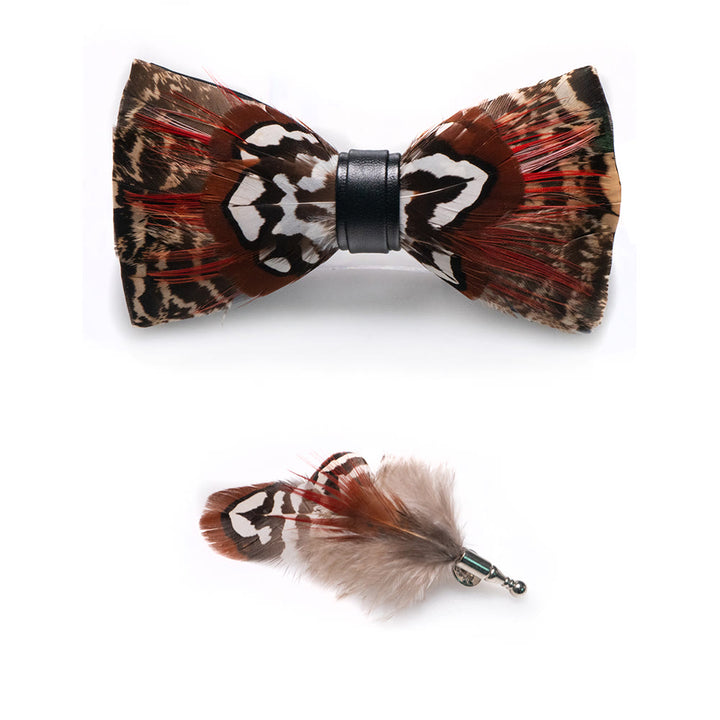 Brown & Red Feather Bow Tie with Lapel Pin