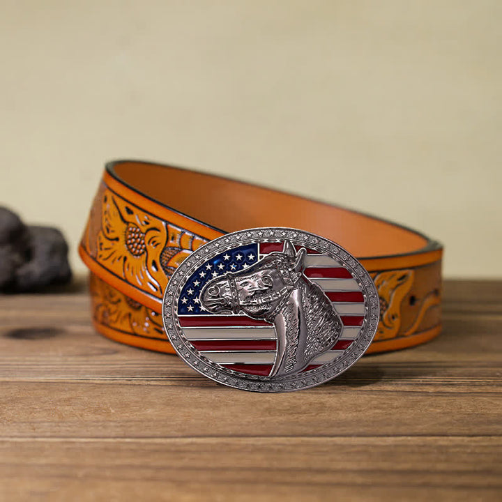 Men's DIY Horse Head American Flag Buckle Leather Belt