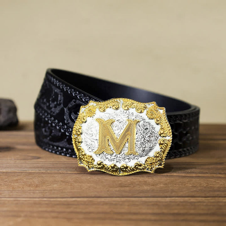 Men's DIY Golden Initial Letter Buckle Leather Belt