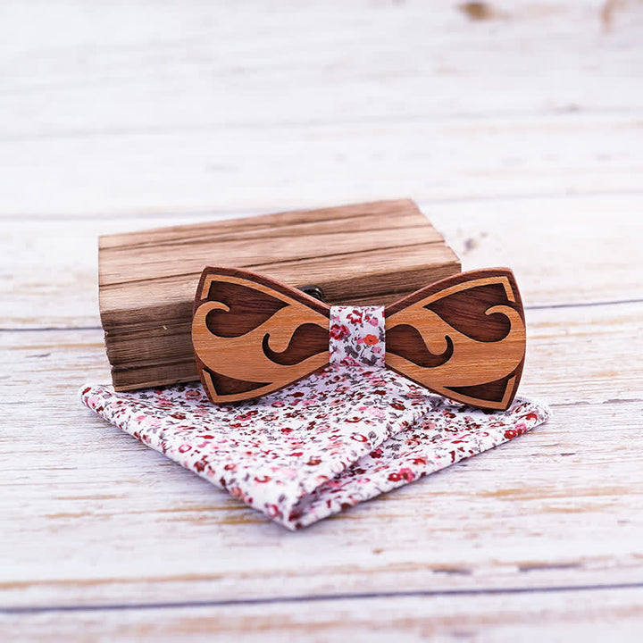 2Pcs Men's Carving Beards Wooden Bow Tie Set