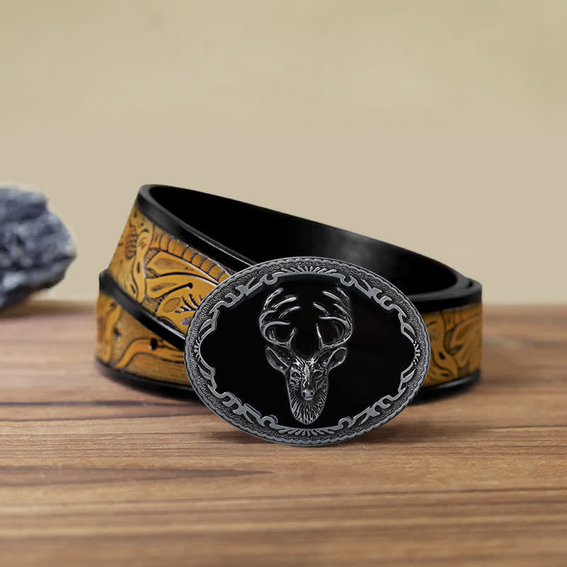 Men's DIY Black Deer Head Buckle Leather Belt