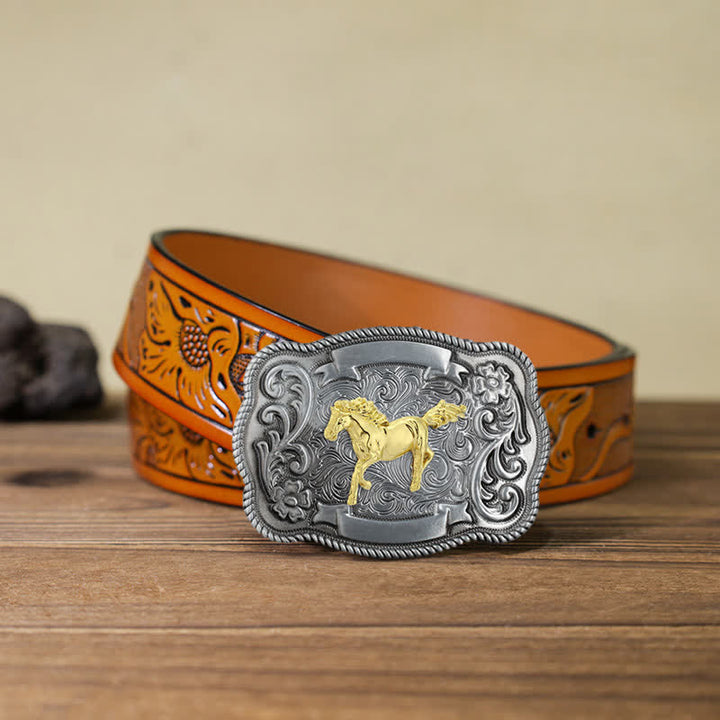 Men's DIY Gold Carving Animal Buckle Leather Belt