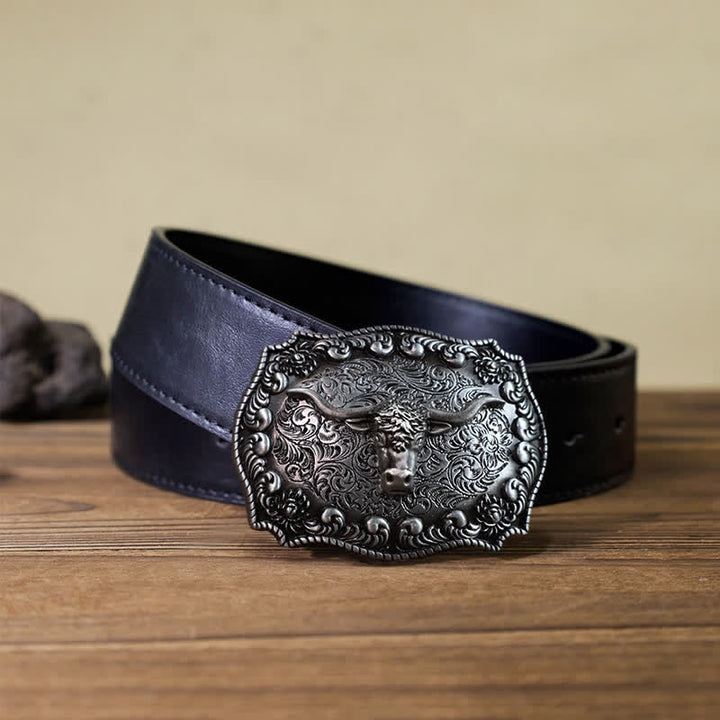 Men's DIY Longhorn Bull Antiqued Silver Buckle Leather Belt