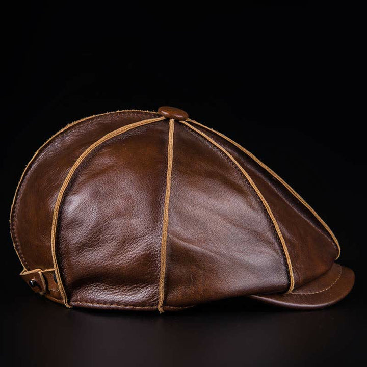 Literary Octagonal Genuine Leather Beret Cap