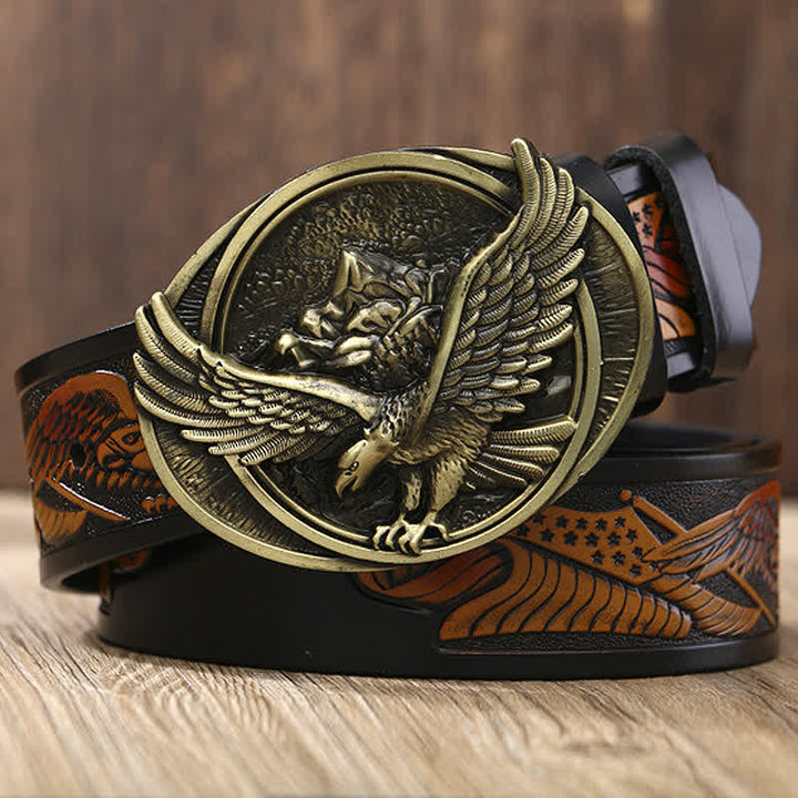 Men's Novelty Flying Eagle Buckle Carved Pattern Leather Belt