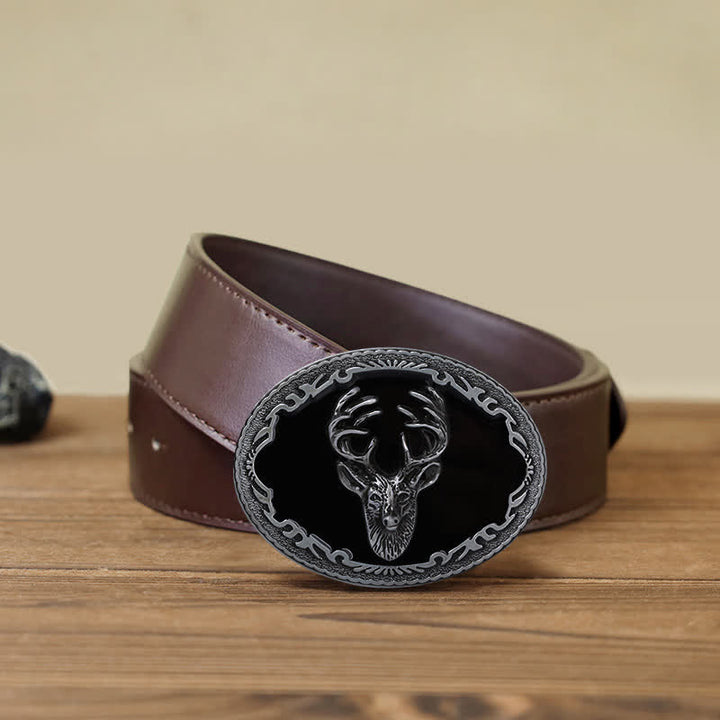 Men's DIY Black Deer Head Buckle Leather Belt