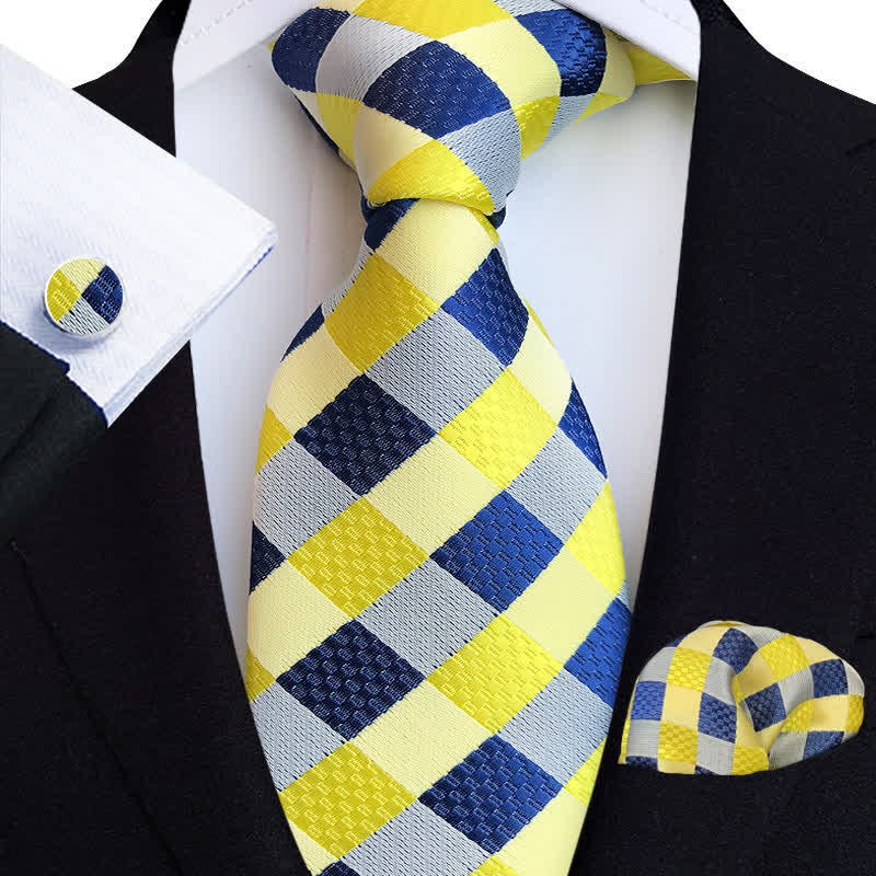 3Pcs Men's Bright Color Plaid Necktie Set - Yellow & Navy - image 0