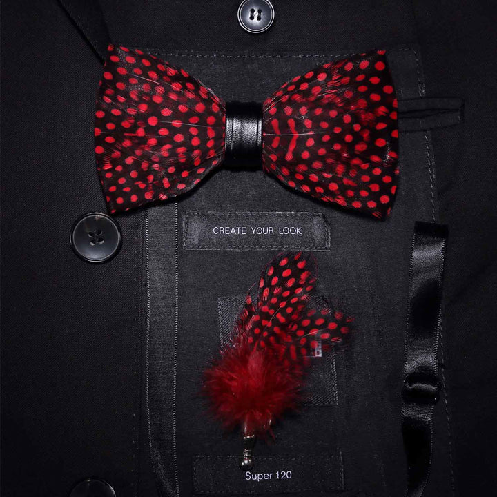 Red Polka Dots Feather Bow Tie with Lapel Pin