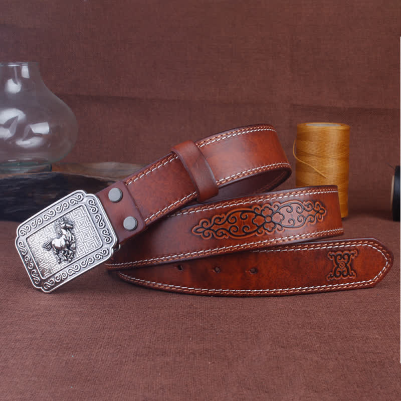 Men's Ethnic Cowboy Silver Horse Leather Belt