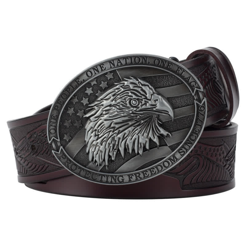 Men's Bald Eagle Head American Flag Buckle Leather Belt