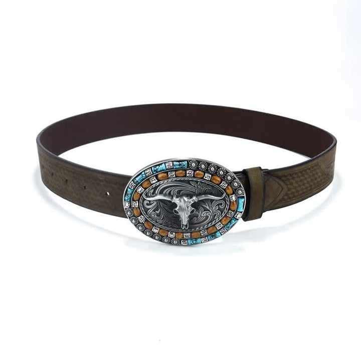 Men's Western Cowboy Turquoise Bull Leather Belt