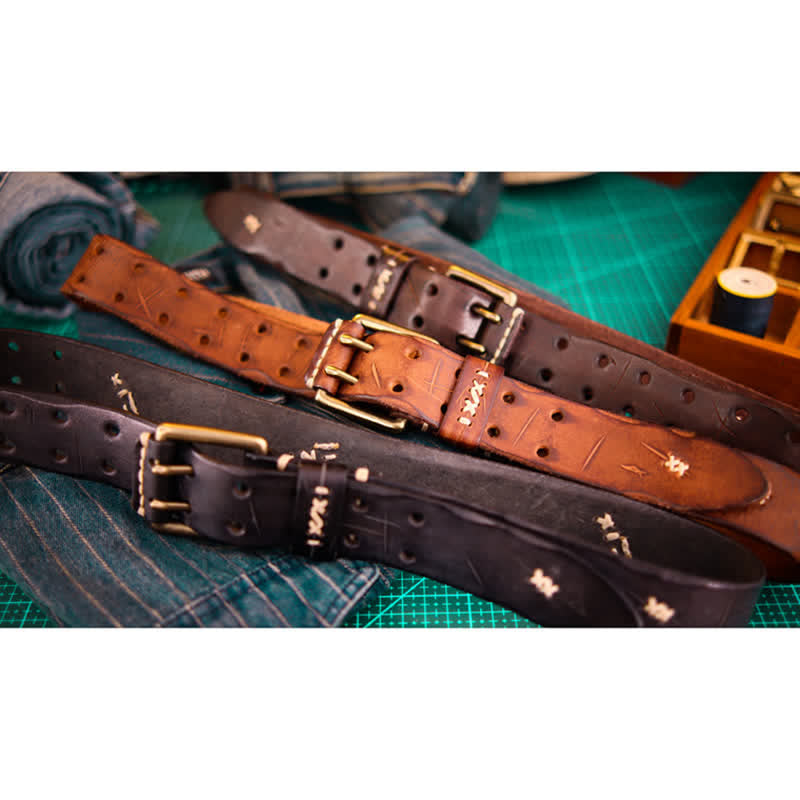 Men's Wide Double Pin Buckle Leather Belt - image 1
