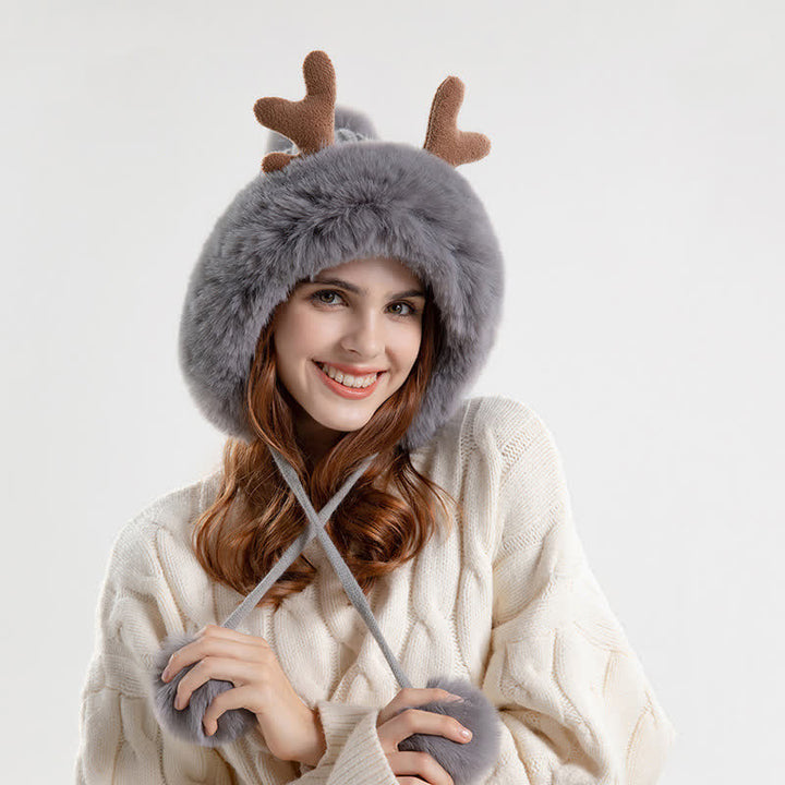 Women's Cute Deer Horn Pompom Knitted Hat