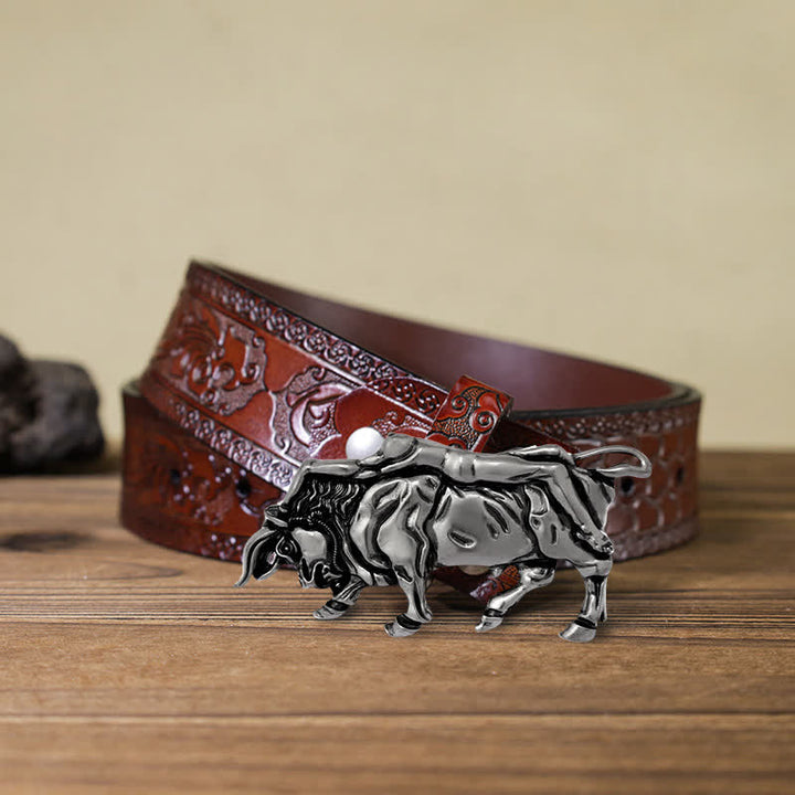 Men's DIY Authentic Silver Bull Buckle Leather Belt