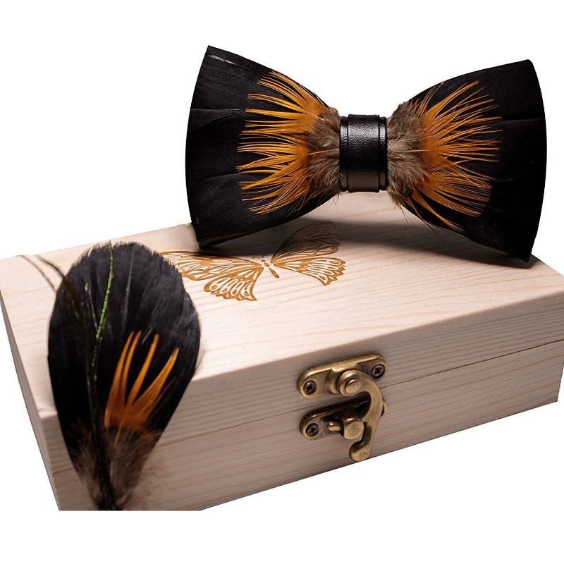 Orange & Black Sunflower Feather Bow Tie with Lapel Pin