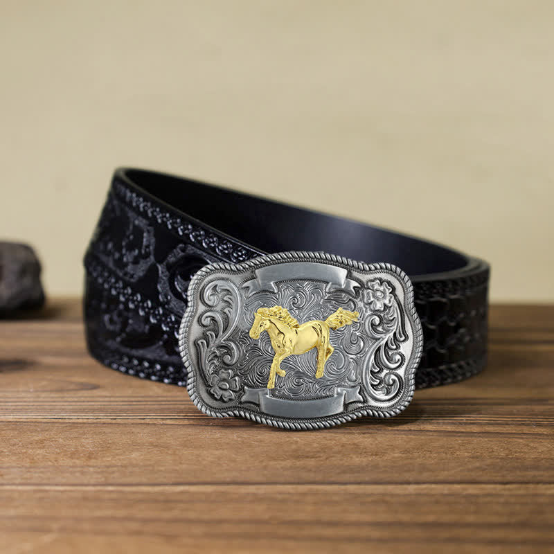 Men's DIY Gold Carving Animal Buckle Leather Belt