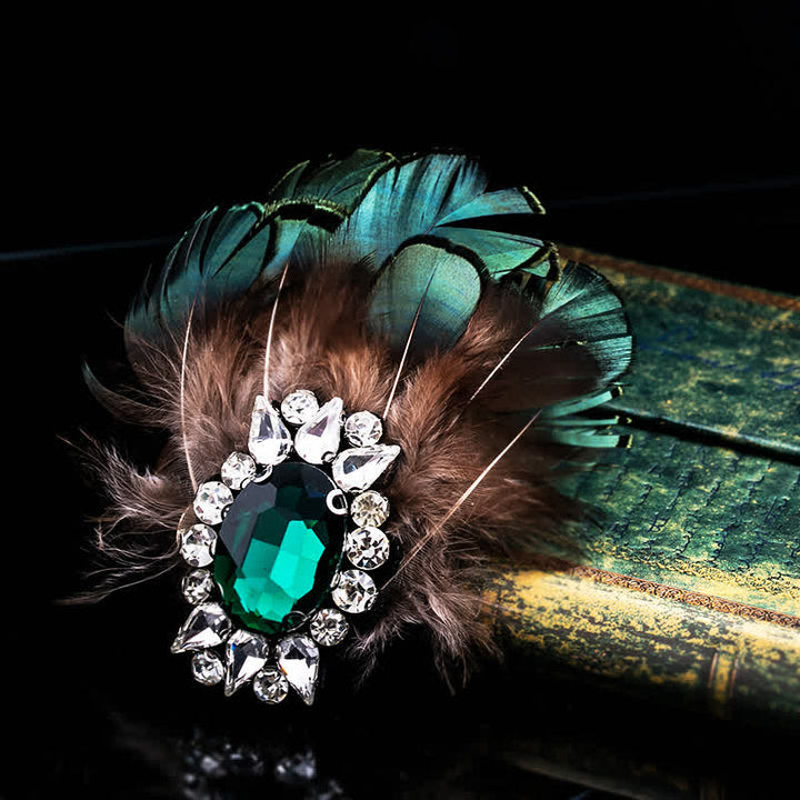 Women's Dark Green Crystal Feather Brooch