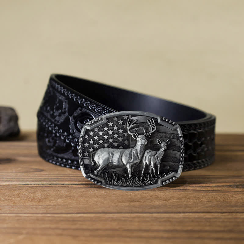 Men's DIY Deer Hunter American Flag Buckle Leather Belt