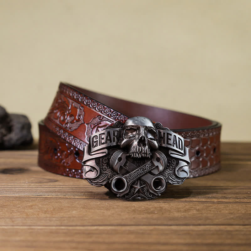 Men's DIY Gear Head Piston Skull Buckle Leather Belt