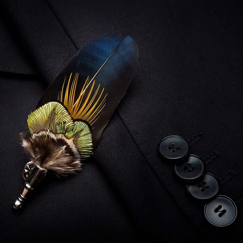 Blue & Yellow Peacock Feather Bow Tie with Lapel Pin