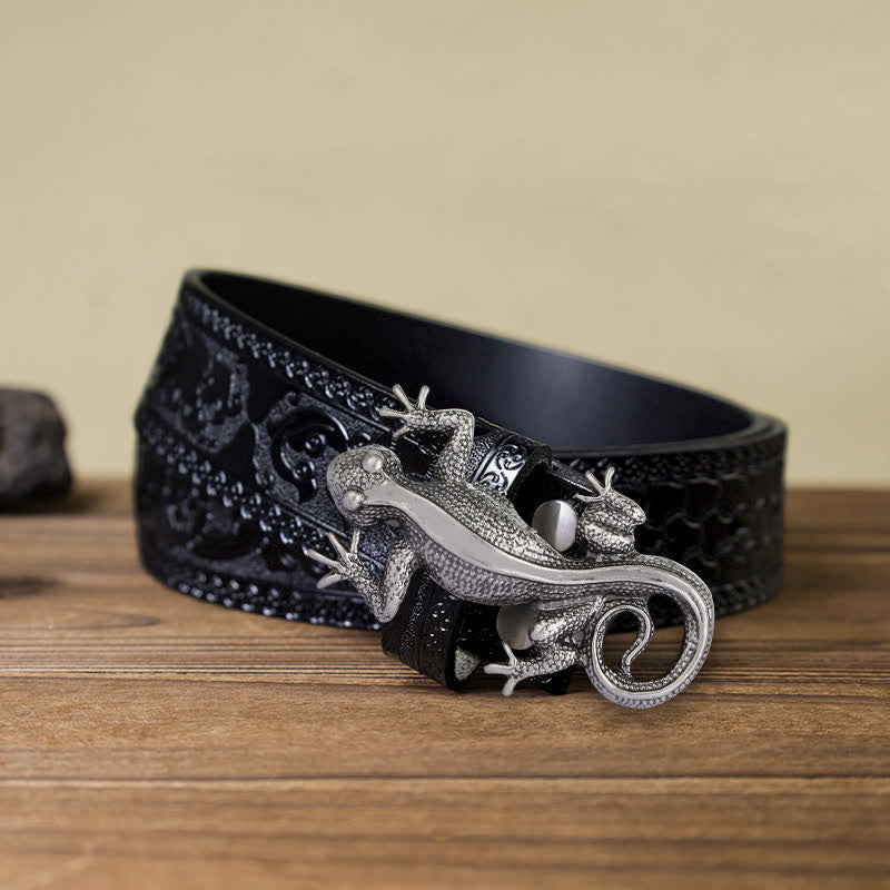 Men's DIY Unique Animal Silver Lizard Buckle Leather Belt