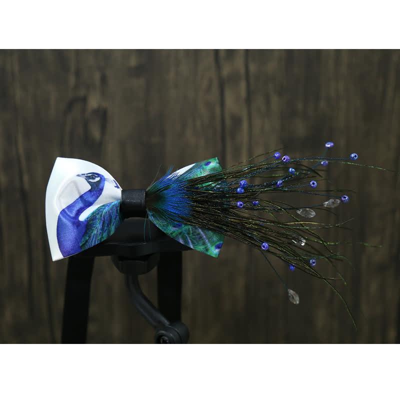 Blue Peacock Tail Beaded Feather Bow Tie