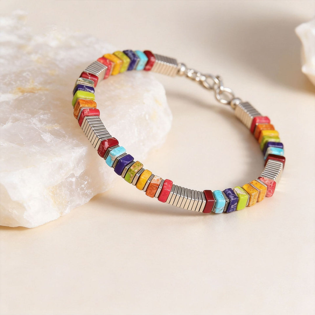 Vintage Boho Rectangle Multi‑color Emperor Stone Silver‑tone Link Bracelet - Multicolor#1 - image 0