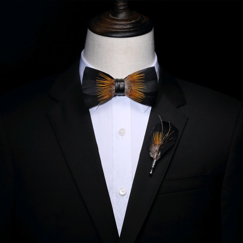 Orange & Black Sunflower Feather Bow Tie with Lapel Pin