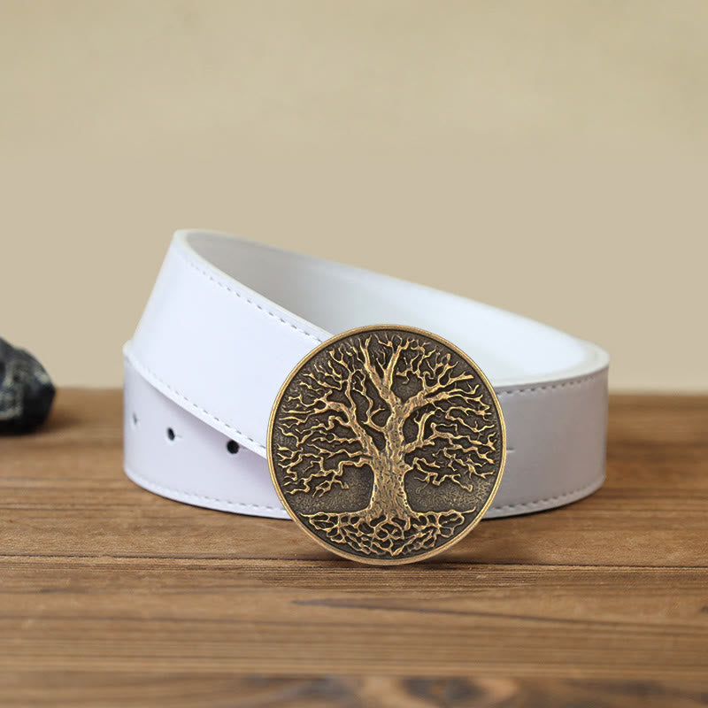 Men's DIY Tree of Life Round Buckle Leather Belt