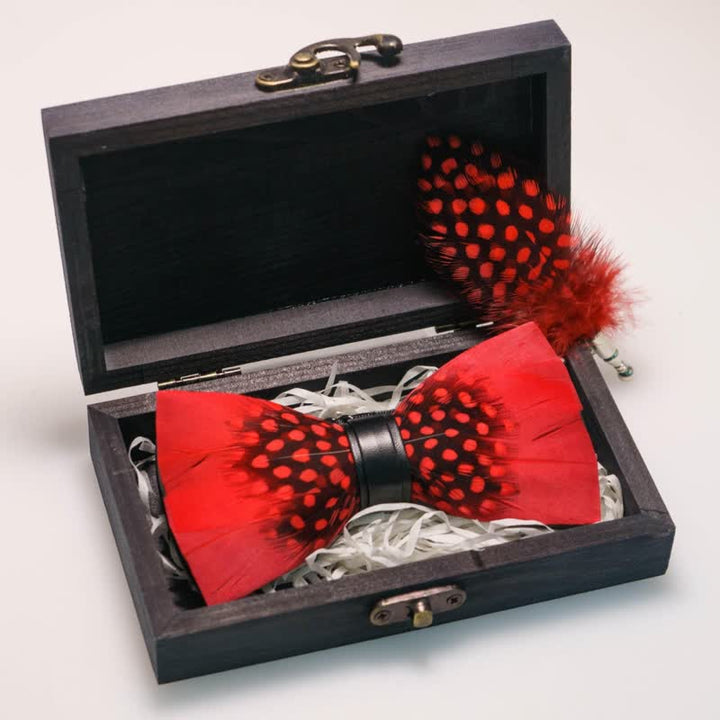 Kid's Red & Black Finch Feather Bow Tie with Lapel Pin