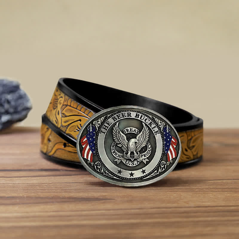 Men's DIY Eagle USA Flag Creative Beer Holder Buckle Leather Belt