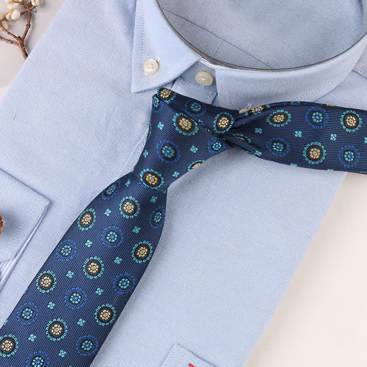 Men's Vintage Geometric Floral Motifs Necktie - Teal Flower - image 10