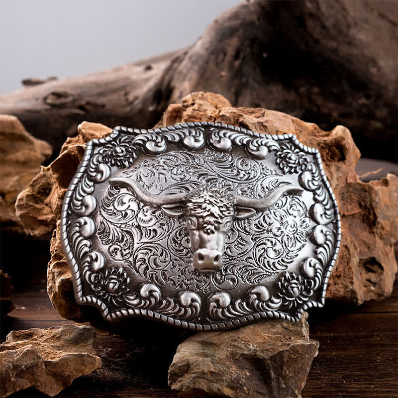 Men's DIY Longhorn Bull Antiqued Silver Buckle Leather Belt