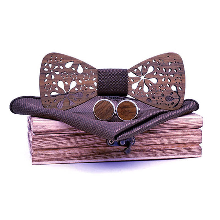 3Pcs Men's Hollow Fireworks Wooden Bow Tie Set