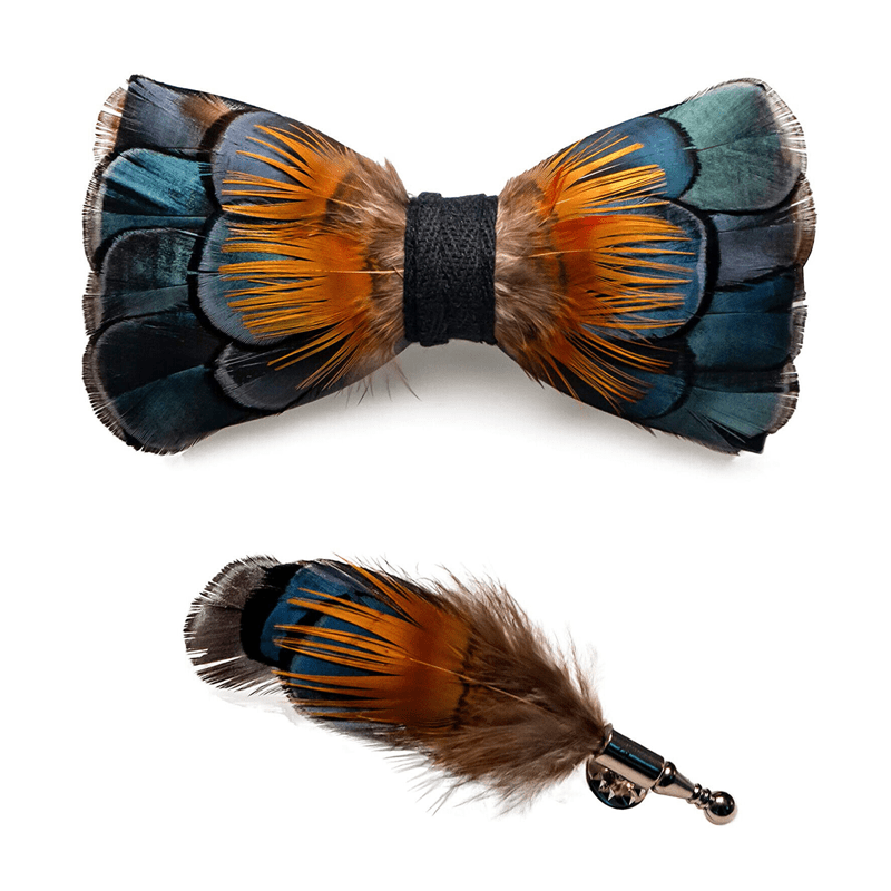 Green & Orange Sunflower Feather Bow Tie with Lapel Pin - image 3