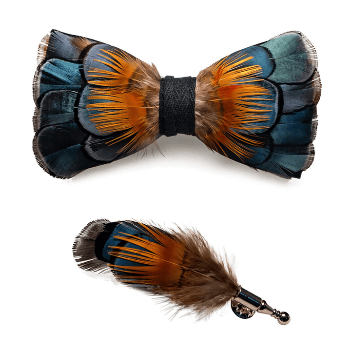 Green & Orange Sunflower Feather Bow Tie with Lapel Pin