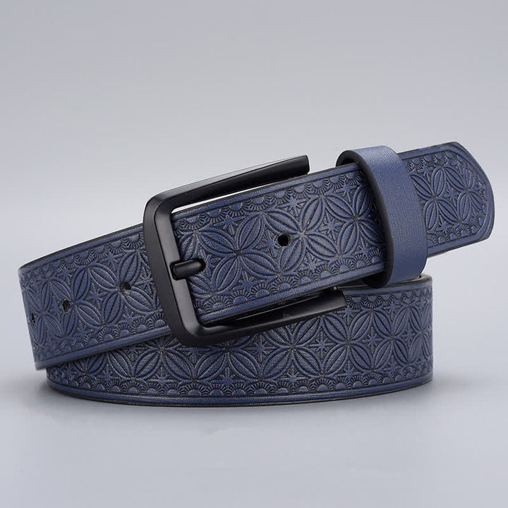 Men's Geometric Coin Embossing Leather Belt - Dark Blue - 44 - image 1