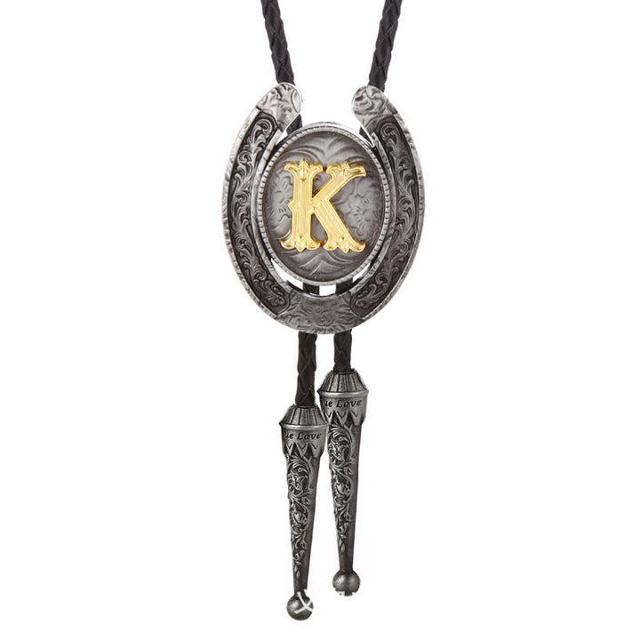 Modern Western Horseshoe Initial Letter A To Z Bolo Tie - Silver - K - image 40