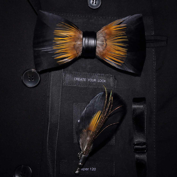 Orange & Black Sunflower Feather Bow Tie with Lapel Pin