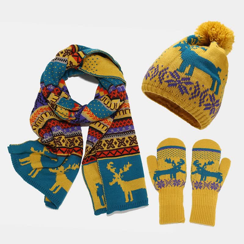 3Pcs Women's Christmas Elk Jacquard Hat Scarf Gloves Set