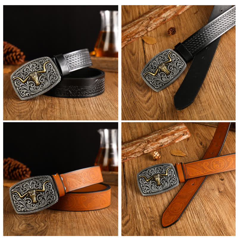 Men's Flower Square Bull Buckle Leather Belt