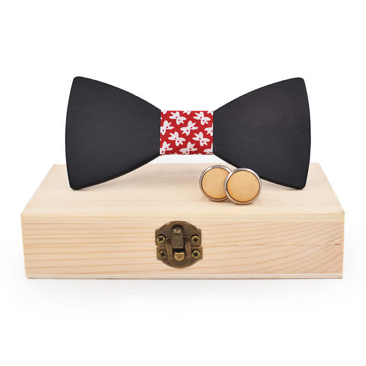 2Pcs Men's Black Wooden Bow Tie Cufflinks Set