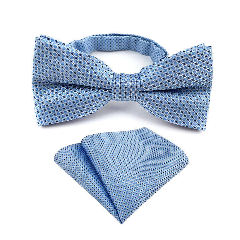 2Pcs Men's Fancy Plaid Striped Bow Tie Pocket Square Set